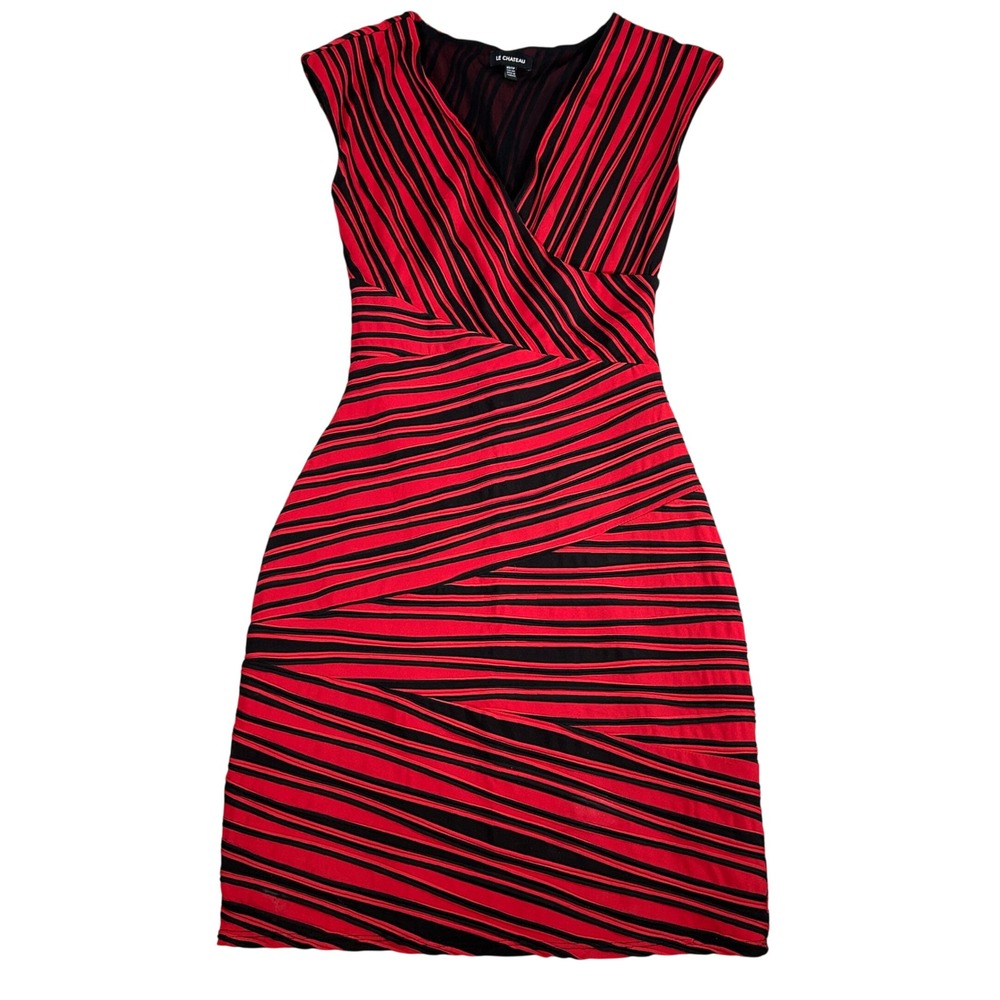 Le Chateau Red Black Striped Bodycon‎ Dress V-Neck Sleeveless LCY98045 XS
